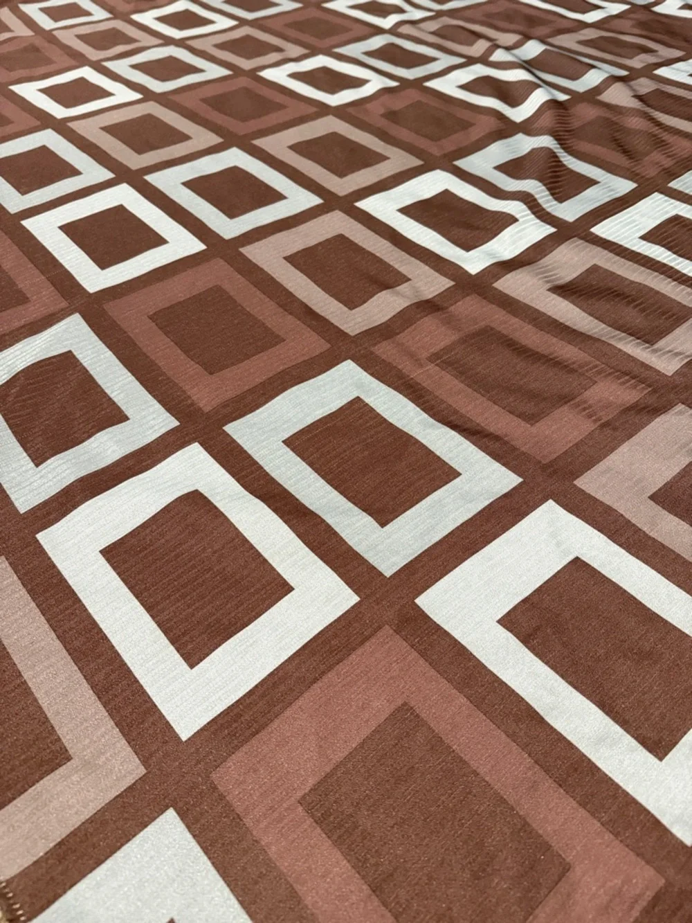 Geometric Square Pattern Shower Curtain in Brown and Light Blue